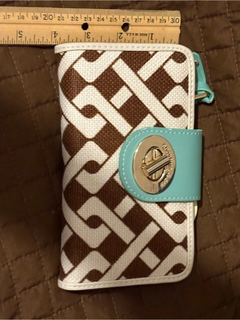 Spartina 449 Brown & White Pattern Wallet with Aqua Snap